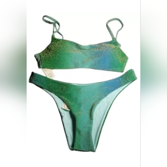 Aerie sparkle straight scoop Bikini Top & Bottom Swimsuit Blue Green Medium NWOT - Picture 3 of 6